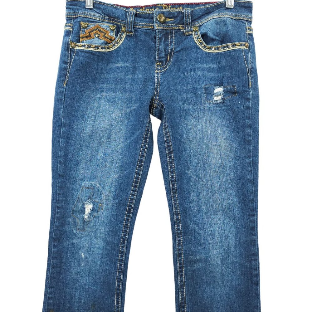 Antique Rivet Jeans BootCut Western Low Rise Sz 29 Rhinestone Stretch Distressed - Picture 9 of 14